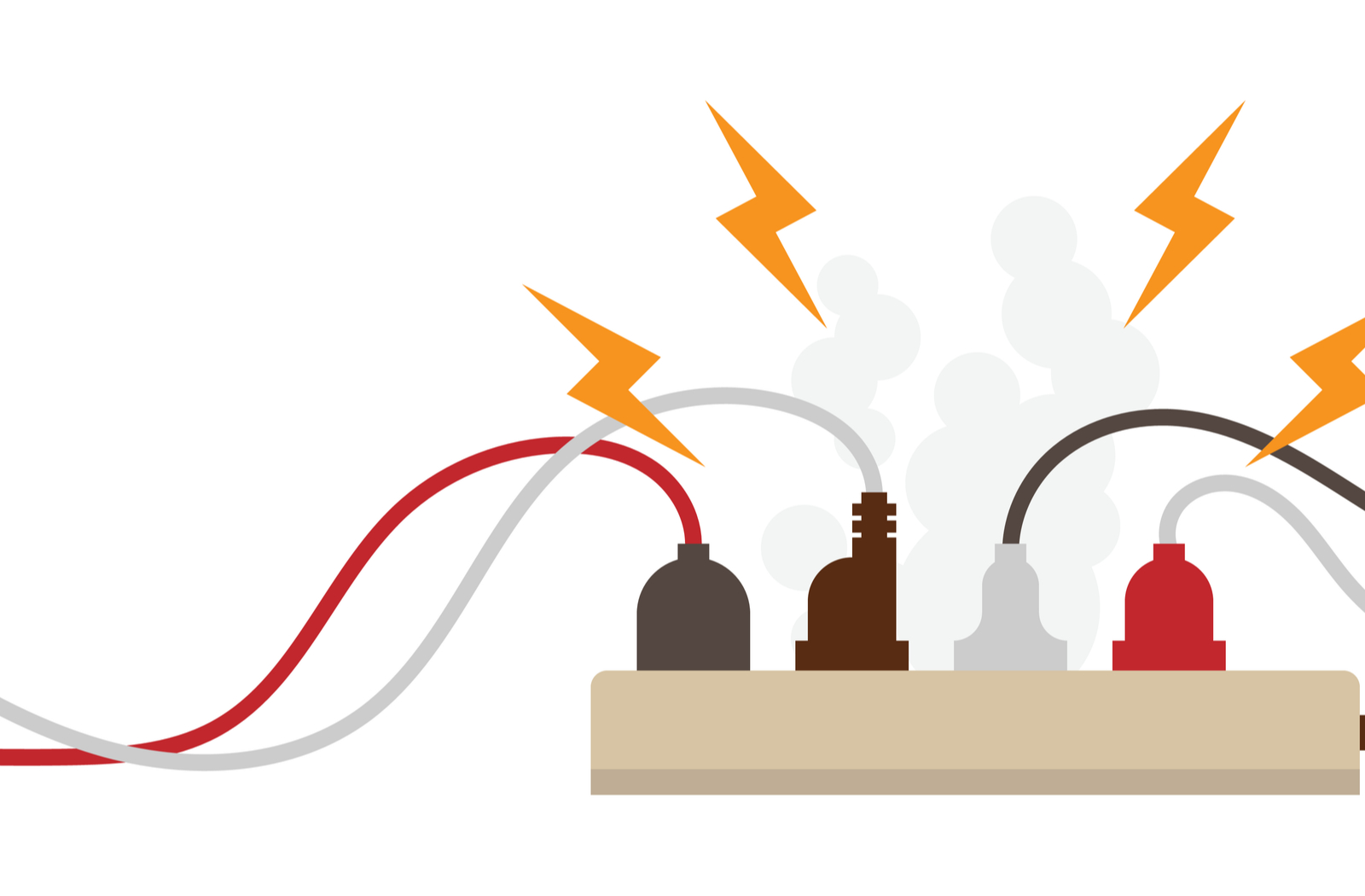 Illustration showing overload of electric circuit with fire and smoke coming from outlets