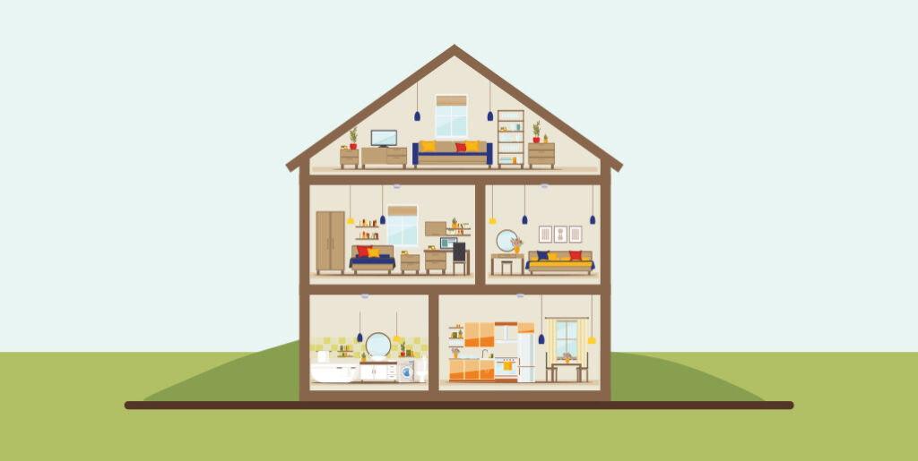 Graphic of front facing view of bisected house, demonstrating different smoke alarm locations.